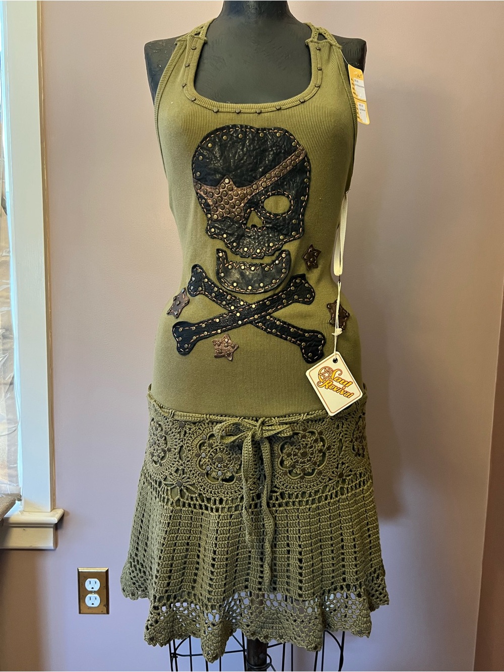 NWT Rare Handmade Green Crochet Leather Studded Skull Pirate Indie Grunge Dress